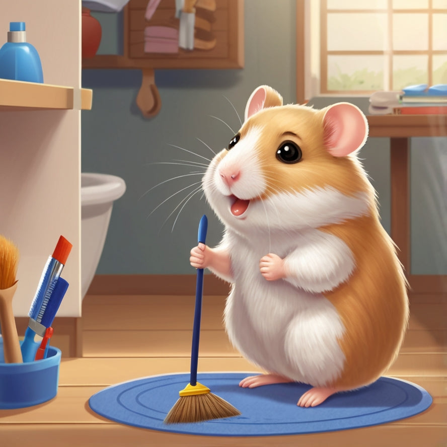 hamster is cleaning room with brush